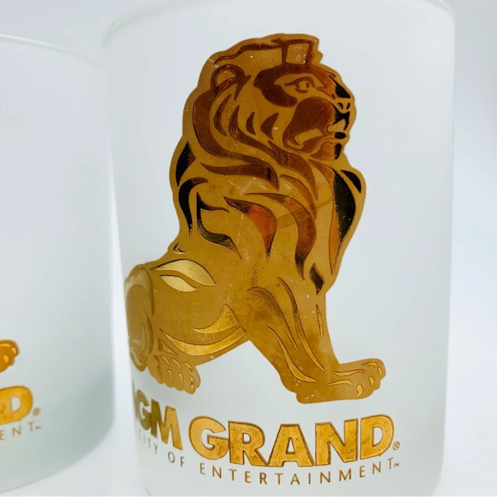 Vtg Las Vegas MGM Grand Casino Hotel Frosted Whiskey Lowball Glasses Gold Lions